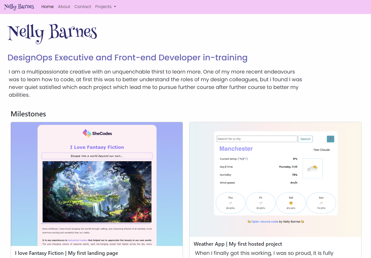 This is an image of a coding output for a portfolio project, which could be used to advertise and display a developers work. The project consistes of displays a navigation bar with logo in the top left, followed by several pages; Home, About, Contact and Projects. It is colourful and bright as it displays projects with varying colour palettes, but the common theme is a lavendar and dark purple with a purple-blush background.